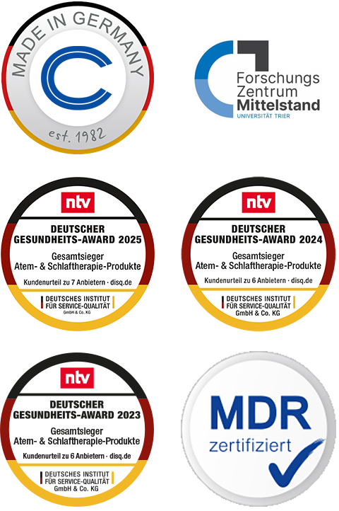 Auszeichnungen und Gütesiegel, darunter Made in Germany, Gesundheits-Award 2024 und 2025